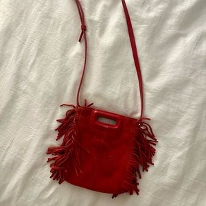 MAJE Red Suede Fringe Mini Crossbody Bag